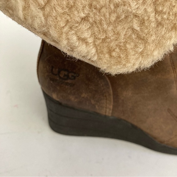 UGG Zea Suede Lace Up Wedge Boot Waterproof Shearling Cuff Brown Leather 10 - Picture 7 of 15